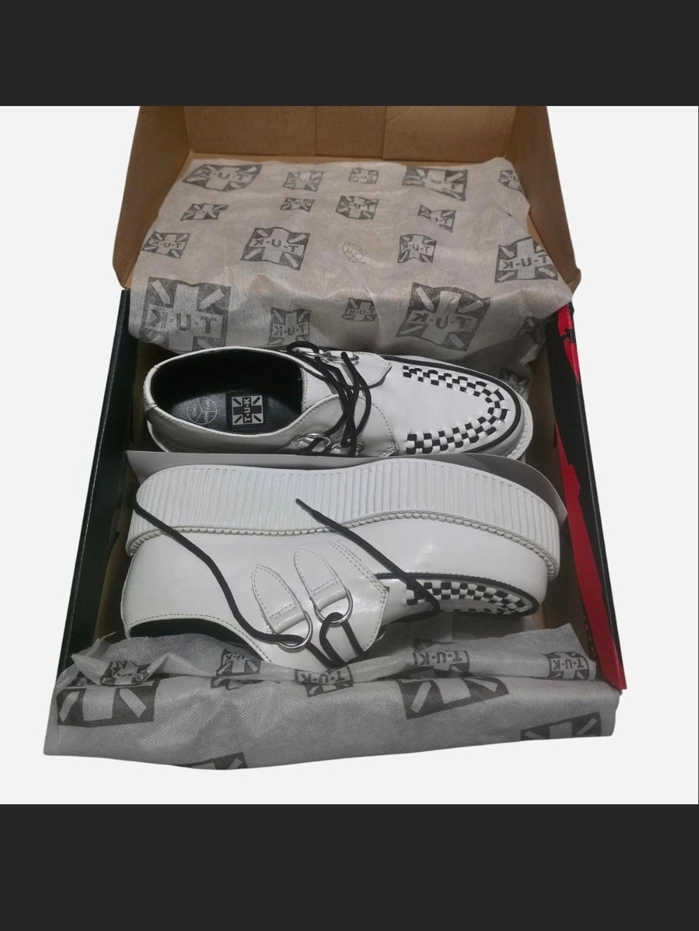 T.U.K. Mondo Creeper White and black Leather Checker platform Shoes